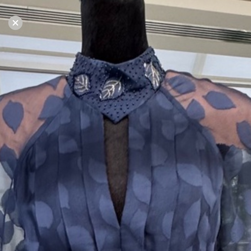 Vintage Sheer Navy Blue Dress with Hand Beaded Leaf Accents - Picture 9 of 9